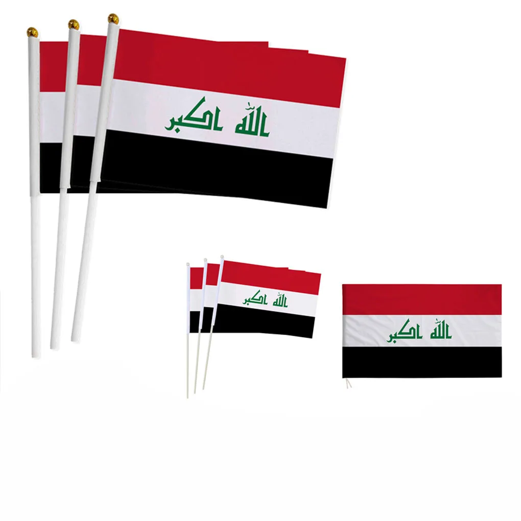 Z-One Flag 100Pcs Iraq Hand Flag 14*21Cm Iraq Bandiera Nazionale Iracheno Piccola Bandiera Sventolante Tenuta In Mano Indoor Outdoor Home Decor