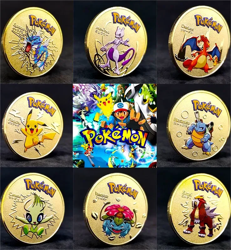 Gold Pokemon Coin Metal Set Mewtwo Charizard Pikachu Anime Card Pikachu Medaglione Commemorativo Da Collezione Pokeball Regalo