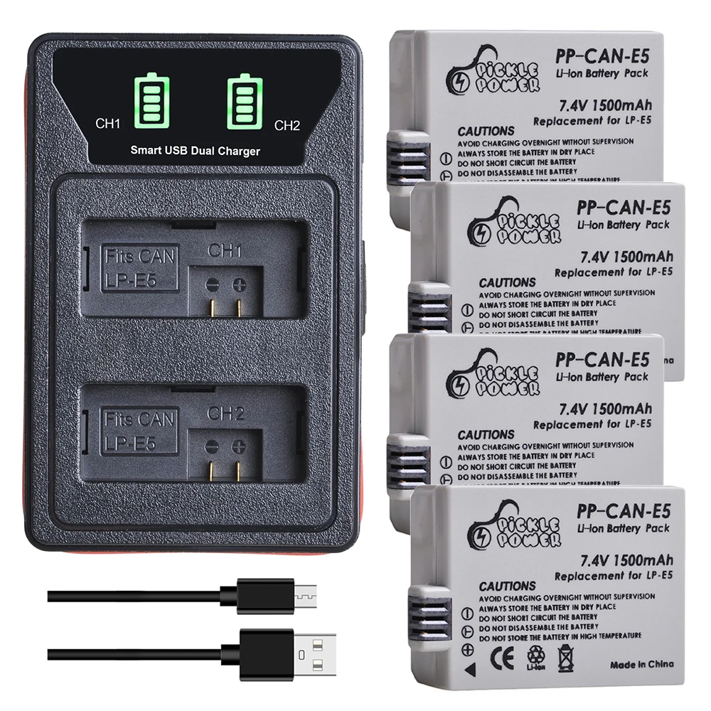 Pickle Power 1500Mah Lp-E5 Lp E5 Batteria + Led Usb Dual Charger Per Canon Eos Rebel Xs,Rebel T1I,Rebel Xsi 1000D 450D,Kiss X3,X2,F