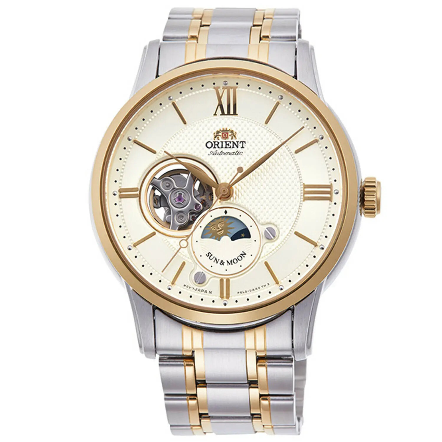 Orologio Orient Uomo Automatico Da Polso In Acciaio Analogico Sun And & Moon Watch Oro Automatic Solar Hombre Original