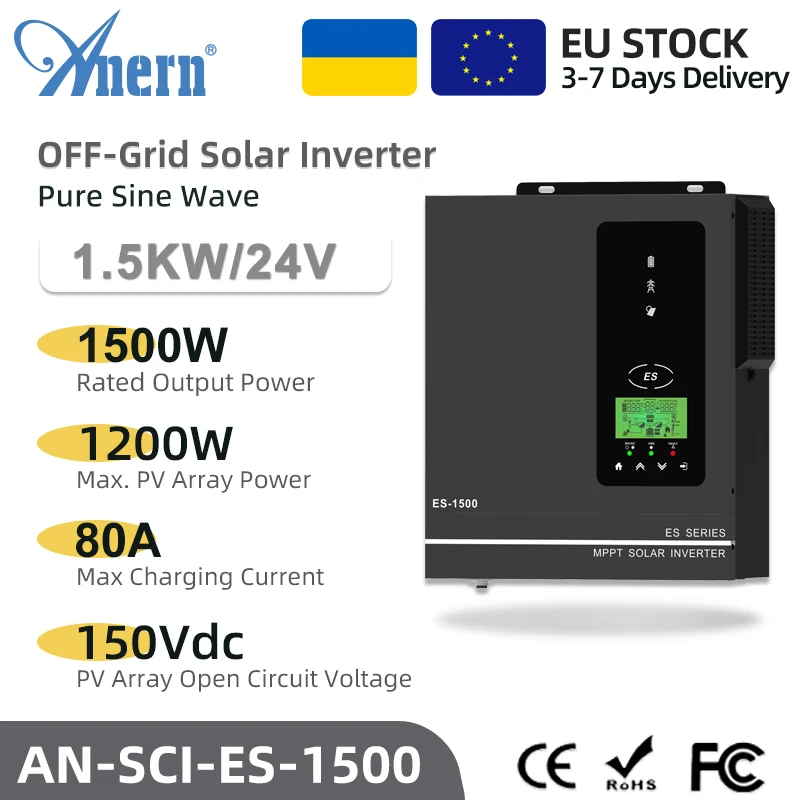 Anern 1.5Kw 1Kw Inverter Solare Ibrido 12V 220V Pure Sine Wave Off Grid Inverter Mppt 80A Regolatore Di Carica Solare Max Pv 150Vdc