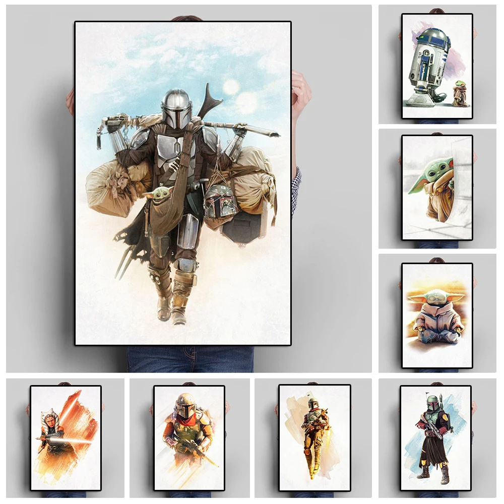 Disney Star-Wars The Mandalorian Movie Poster Baby Yoda Skywalker Ahsoka Acquerello Tela Pittura Wall Art Room Home Decor