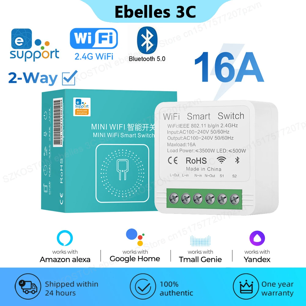 Ewelink App 16A Mini Wifi Smart Switch Light 2 Way Module Breaker Wireless Remote Voice Timing App Per Alexa Google Assistant