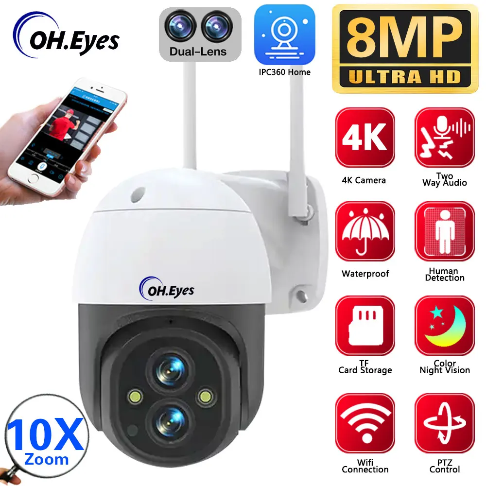 4K 8Mp Wifi Telecamere Di Sorveglianza Ip Dual Lens Ptz Wifi Video Cam Per La Casa Mini 10X Zoom Wireless Wifi Cctv Telecamere Di Sorveglianza