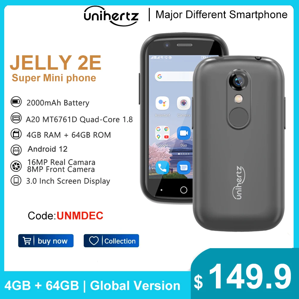 Unihertz Jelly 2E Mini Smartphone Android 12 Sbloccato 4Gb 64Gb Cellulare 2000Mah 16Mp 4G Cellulari