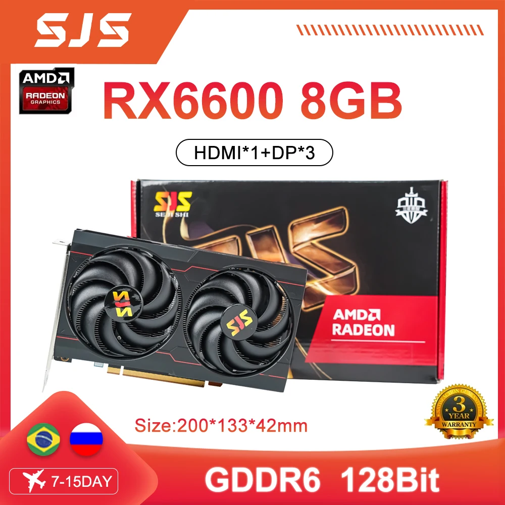 Sjs Rx6600 Rx 6600 Scheda Grafica Da 8Gb Gpu Gddr6 128-Bit 14 Gbps 7Nm 3 * Dp + 1 * Scheda Video Da Gioco Hdmi Amd Gpu Mining Placa De Video