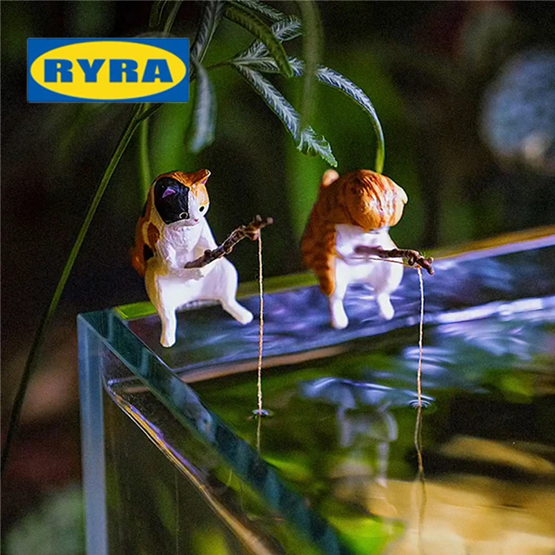 Gatti Fishing Figurine Cat Sculpture Sitting Fishing Little Cute Cat Ornamenti In Resina Arredamento Decorativo Per Acquario Casa