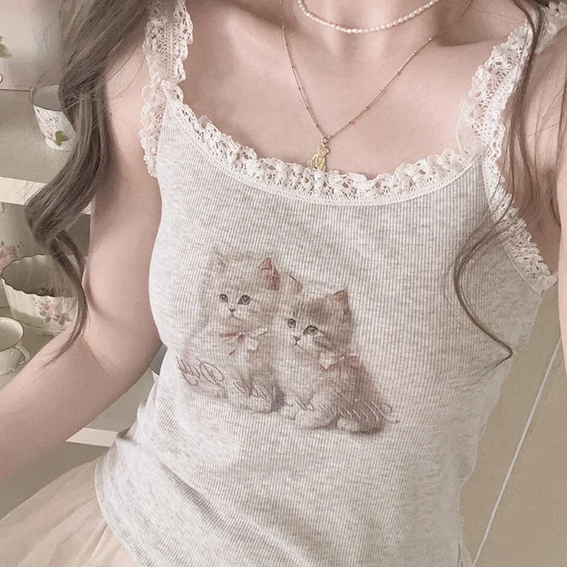 Cute Crop Tops For Sweet Girls Summer 2023 Lace Trim Two Cats Print Cropped Camis Kawaii Clothes