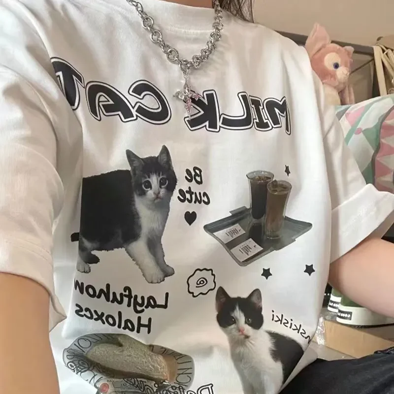 Harajuku Cute Cat Graphic Print T-Shirt Summer T Shirt Y2K Women Streetwear Fashion Top Estetica Cheap Abbigliamento Donna Magliette