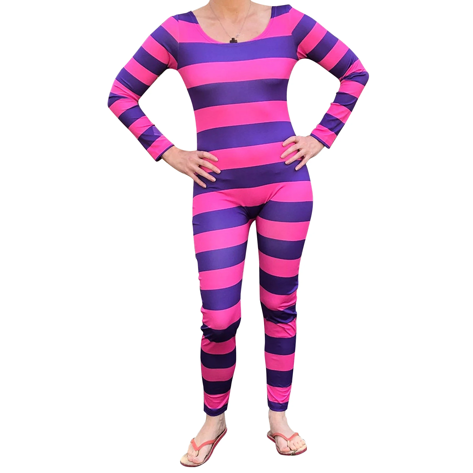 Costume Da Donna Cheshire Cat Halloween Rosa Viola A Righe Manica Lunga Tuta Cosplay Outfit Festival Costumes