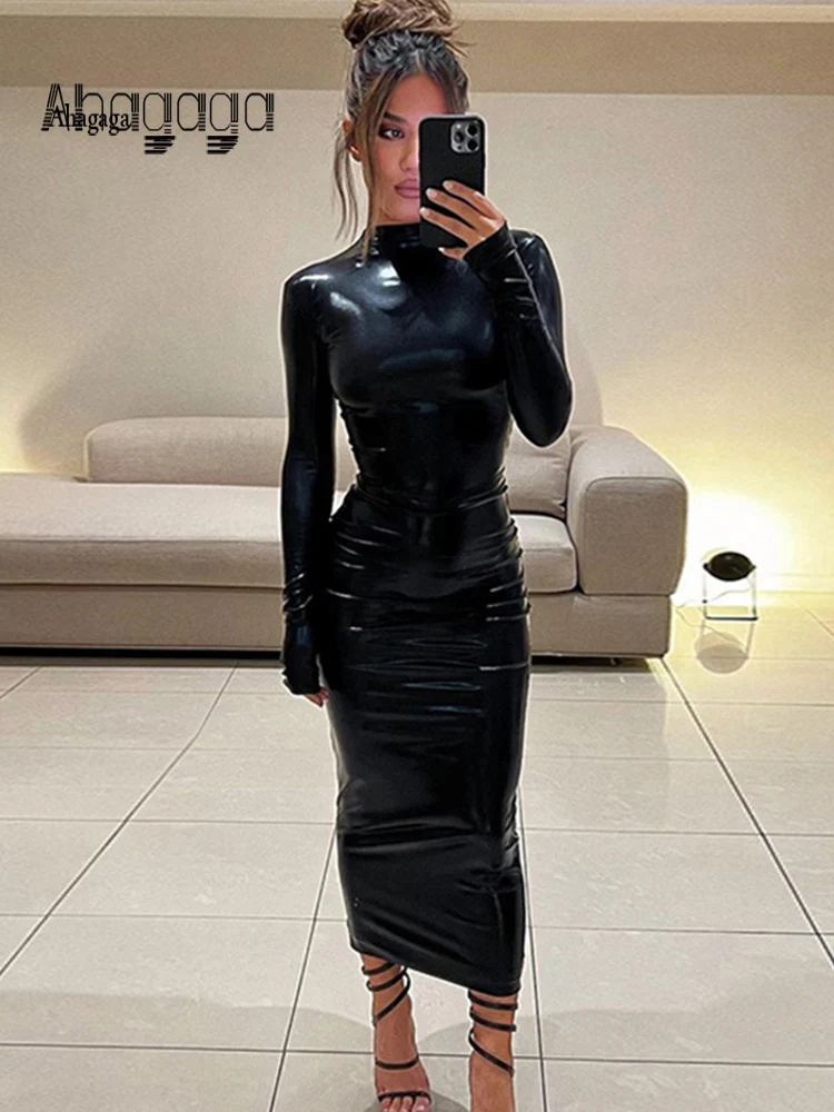Ahagaga Sexy Bodycon Pu Leather Party Dress Donna Hipster Streetwear Dolcevita Maxi Abiti Donna Midnight Dress Vestidos Robes