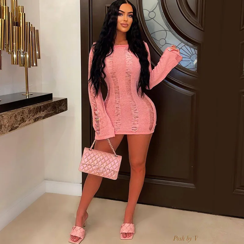 Sexy Hollow Out Sheer Knit Mini Dress Women Backless Manica Lunga Vestito Aderente Clubwear Midnight Party Dresses Festival Outfit