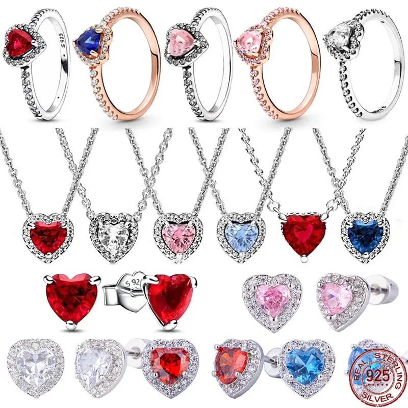 Classic Heart Shaped Series 925 Sterling Silver Exquisite Shining Heart Ring Collana Orecchini Charm Jewelry Festival Gift