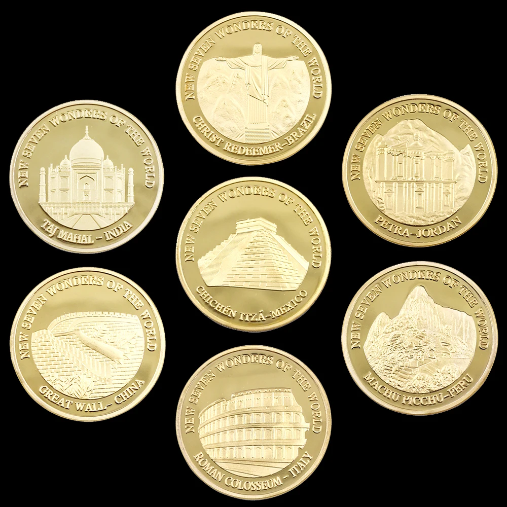 7 Pz/Set Seven Wonders Challenge Coin Gold Plated Badge World Architecture Gold Coin Decoration Collezione Di Monete Commemorative