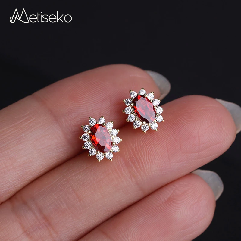 Metiseko 925 Sterling Silver 18K Gold Plated Ruby Color Stud Earrings Garnet Red Cubic Zirconia Retro Elegant Earrings For Women