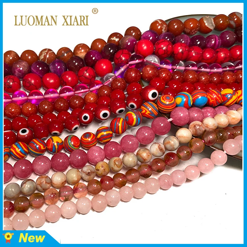 Pietra Rossa Naturale Agata Zebra Ruby Jade Coral Jasper Round Spacer Beads Per La Creazione Di Gioielli Accessori Per Bracciali Fai Da Te 4-12Mm 15''