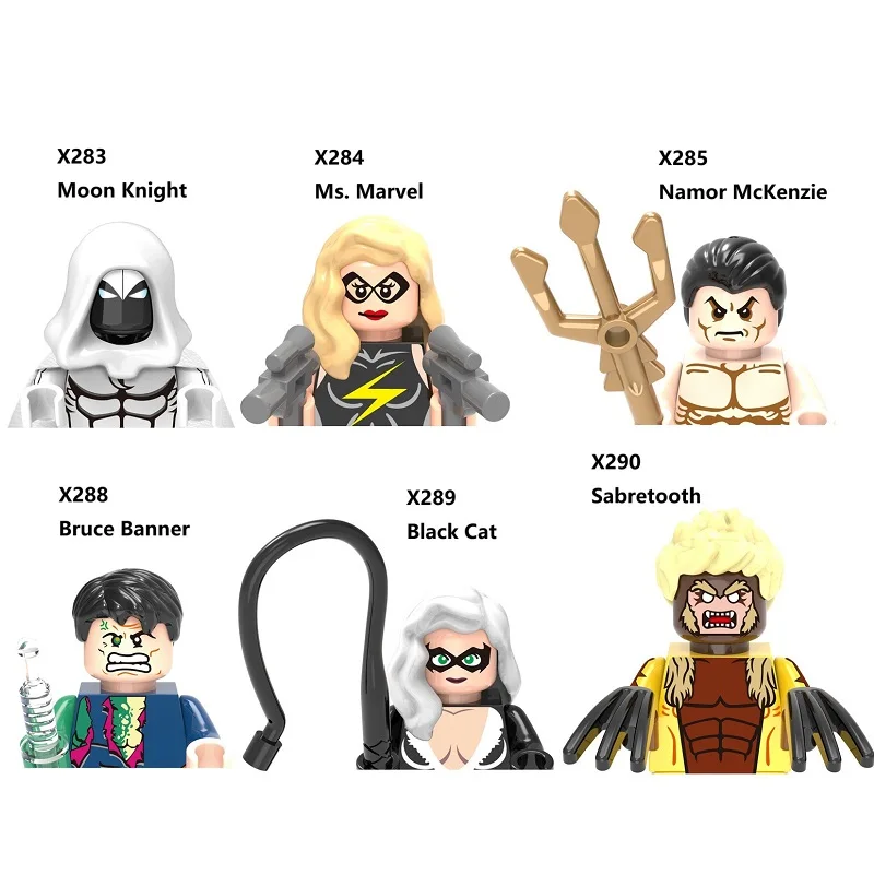 Super Hero Ms. Marvel Sabretooth Black Cat Star-Lord Bruce Banner Hulk Moon Knight Building Blocks Mini Action Figure Toys