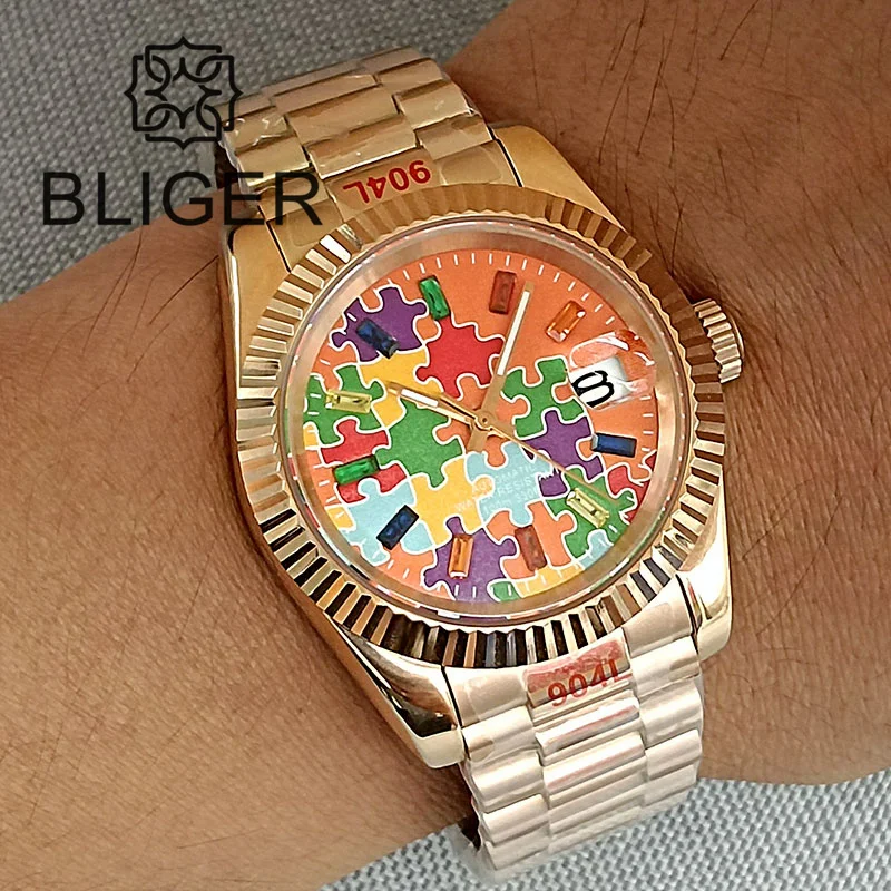 Bliger New Orange Puzzel Dial Rose Golde Oyster Perpetual 36Mm/39Mm Orologio Da Uomo Nh35A Movimento Glide Lock Vetro Zaffiro Data