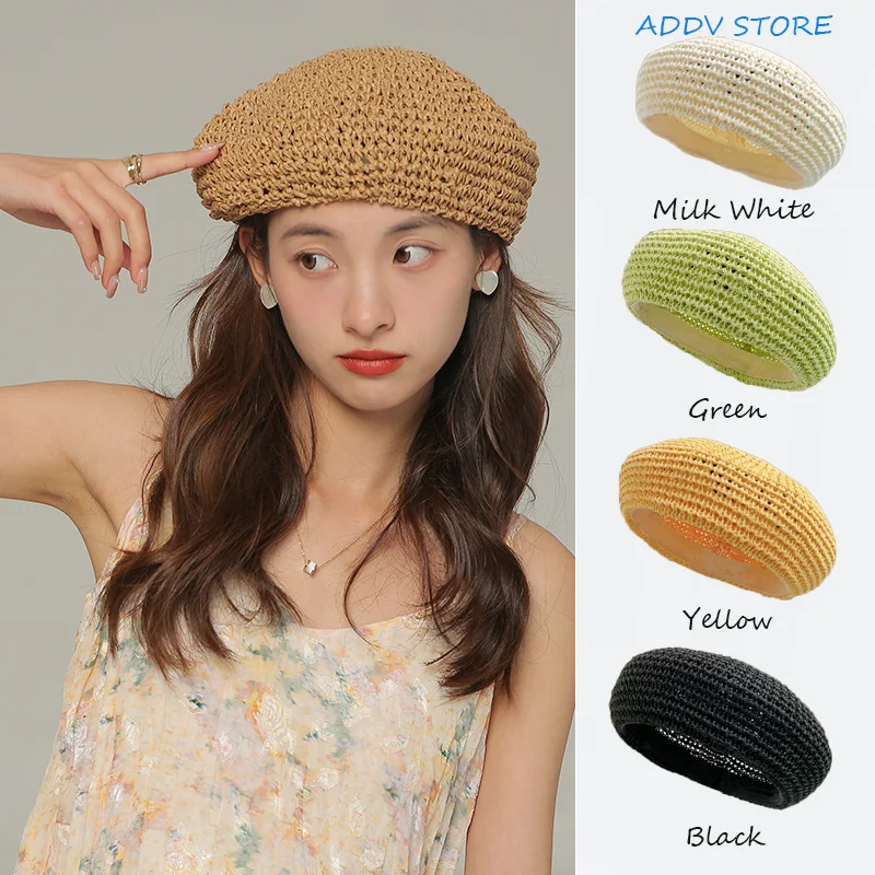 Y2K Sweet Girl Summer Green Straw Openwork Berretto Tinta Unita Simple Dome Painter Hat Berretti Caps For Women