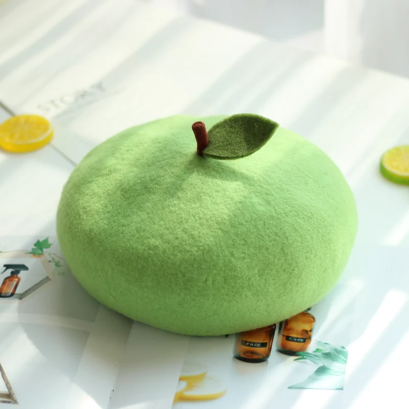 Fruit Pumpkin Hat Cute Sister Small Leaf Painter Cap Green Apple Woolen Beret