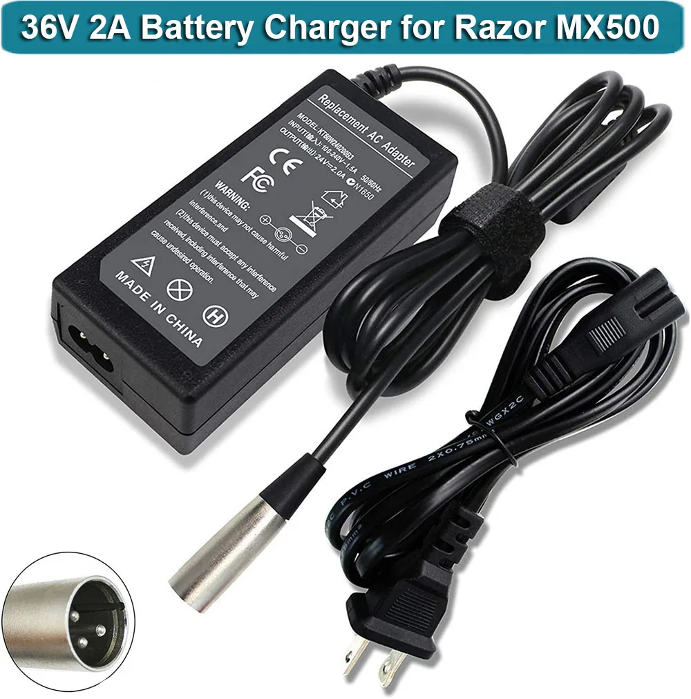 Caricabatteria 36V 2A Per Razor Mx500 Scooter Crazy Cart Xl, Mx650,Currie, Schwinn S1000,S600,Ezip E1000,X-600-Muslimah