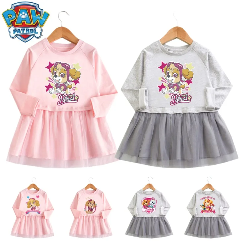 Paw Ronds Autunno Maglione A Maniche Lunghe Abito In Cotone Anime Figure Skye Chase Print Casual Girls Dress Baby Lace Princess Dress