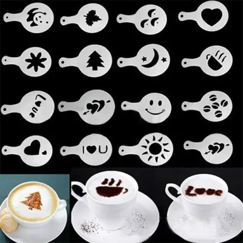 16 Pz/Set Fashion Cappuccino Coffee Barista Stencil Template Strew Pad Duster Spray Gusto Nespresso Zavarnik Dolce Tools