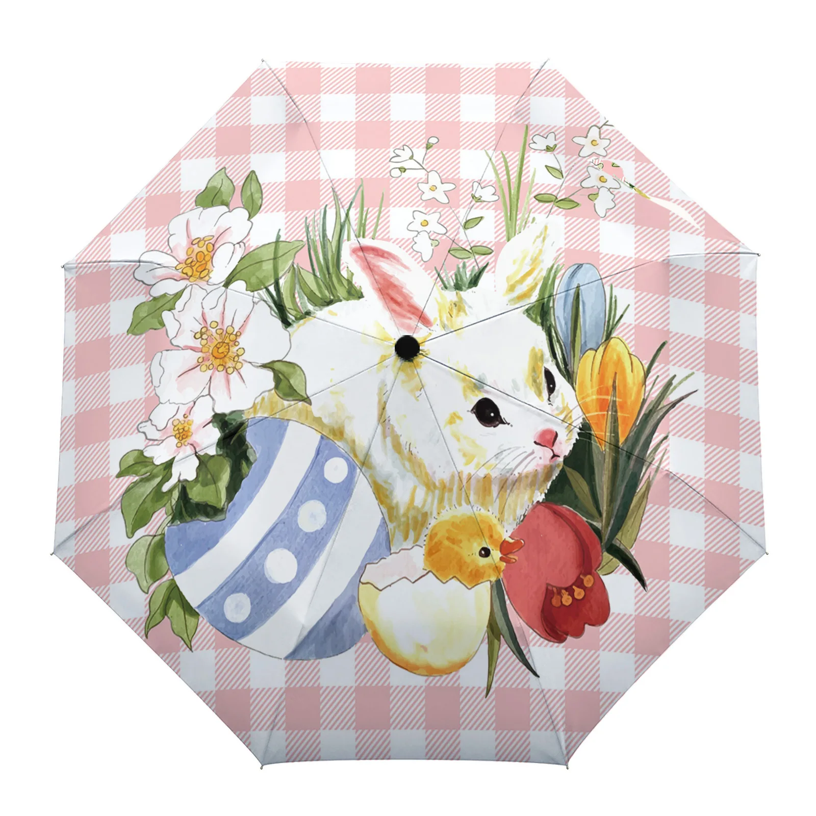 Easter Bunny Egg Flower Pink Plaid Large Fully-Automatic Parasol Umbrella Foldable Eight Strand Umbrella For Adult Rain Umbrella