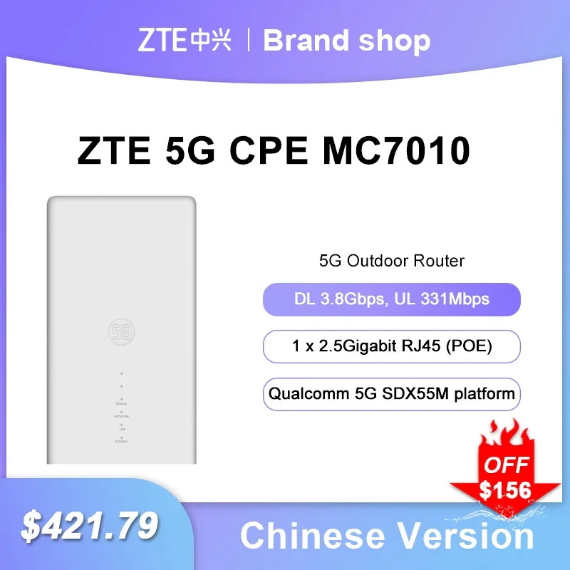 Nuovo Router Esterno Zte Mc7010 5G Sub6 + 4G Lte 5G Nr Nsa + Sa Qualcomm 5G Sdx55M Piattaforma N1/N3/N7/N8/N20/N28/N38/N41/N77/N78/79