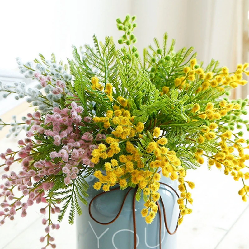 Fiori Artificiali Di Acacia Finti Yellow Mimosa Spray Cherry Fruit Branch Wedding Home Table Decoration Fake Flower Party Decor