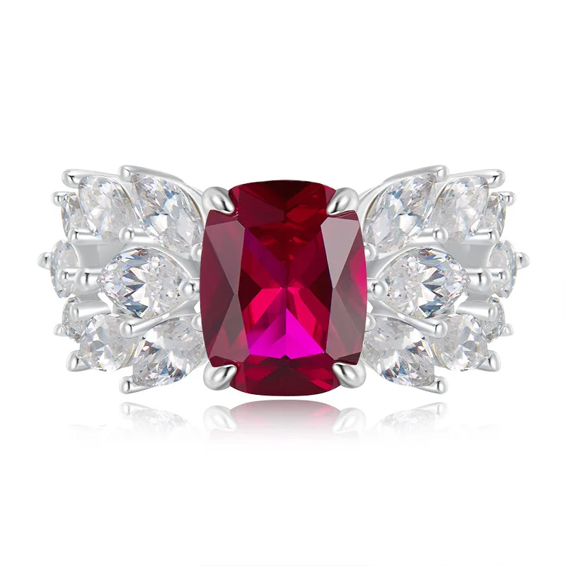 2023 New Premium 3 Carati Ruby Women'S Wide Wing Set Diamond Dove Blood Red Artificial Gem Ring Jewelry