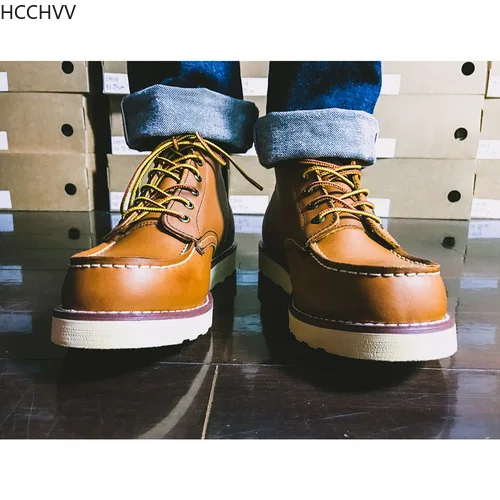 Handmade High Quality Fashion Genuine Leather Men Ankle Boots Outdoor Wings Motorcycle Boots Lace-Up Work Men'S Shoes Red Brown
