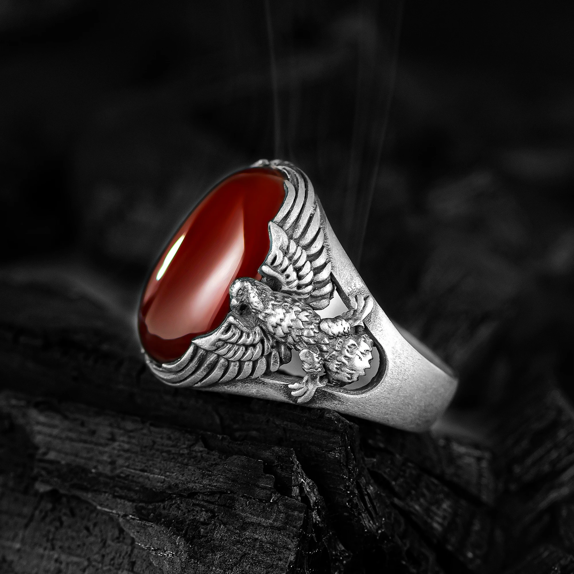 Anello Con Aquila Alata In Pietra Anello Da Uomo In Argento Sterling Massiccio 925 Con Anello In Agata Rossa Anello Con Pietre Preziose Naturali Grezz