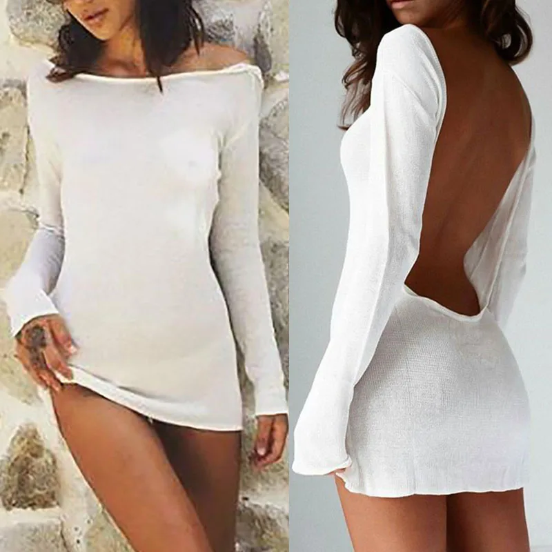 Donne Sexy Solid White Beach Cover Up Sarong Estate Bikini Cover-Ups Pareo Beach Dress Mesh Backless Mini Dress S M L Xl