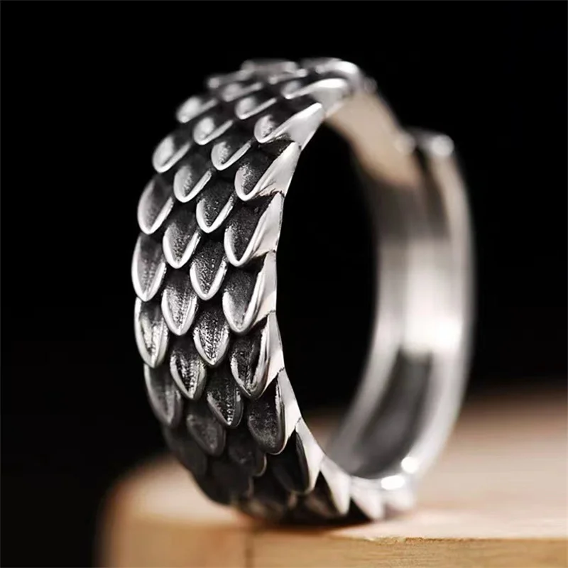 Retro Dragon Scale Ring Men Jewelry Fashion Personality Cool Style Index Ring 925 Sterling Silver Accessori Per Feste Maschili Aperti