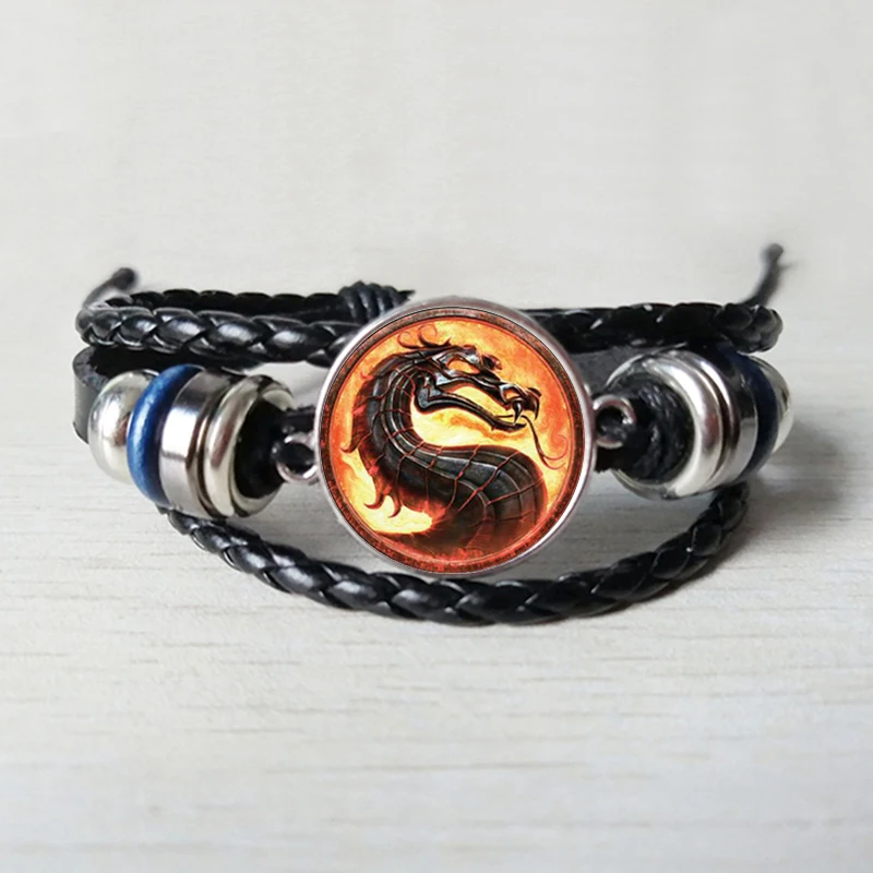 2019 New Fashion Dragon Leather Bracelet Mortal Kombat Glass Dome Jewelry Bracciale In Pelle