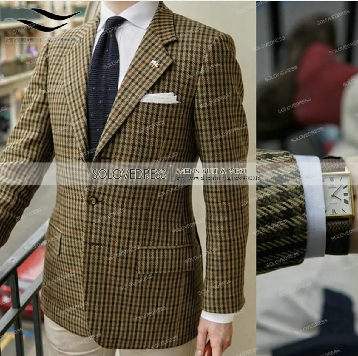 Abiti Da Uomo Formali Regular Fit Plaid Wool Tweed Prom Smoking Verde Militare Solid Business Brown Abiti Per Sposi Best Man