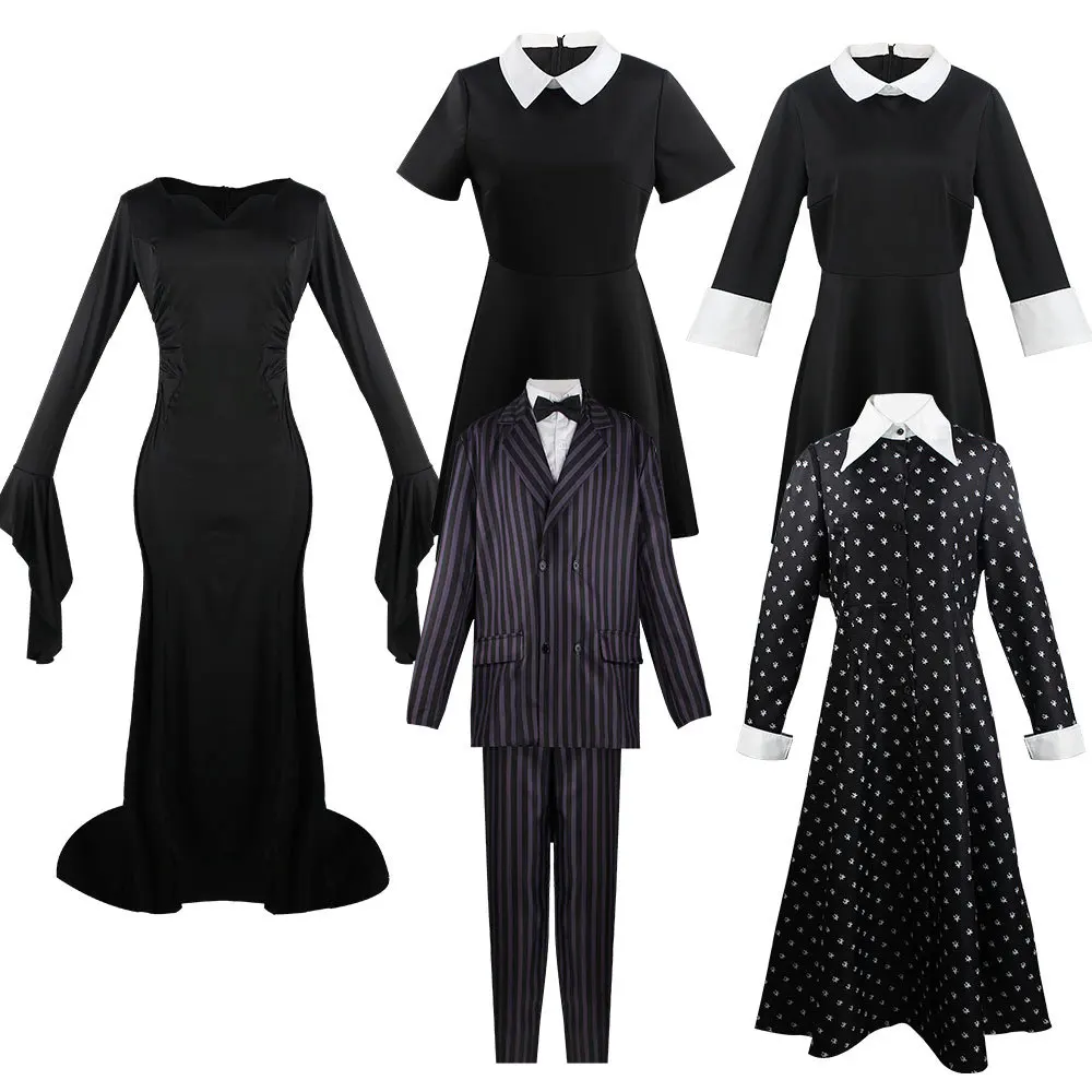 Vintage Gothic Day Addams Family Cosplay Gomez Suits Outfit Costume Addams Printing Dress For Kids Women Parrucche Halloween