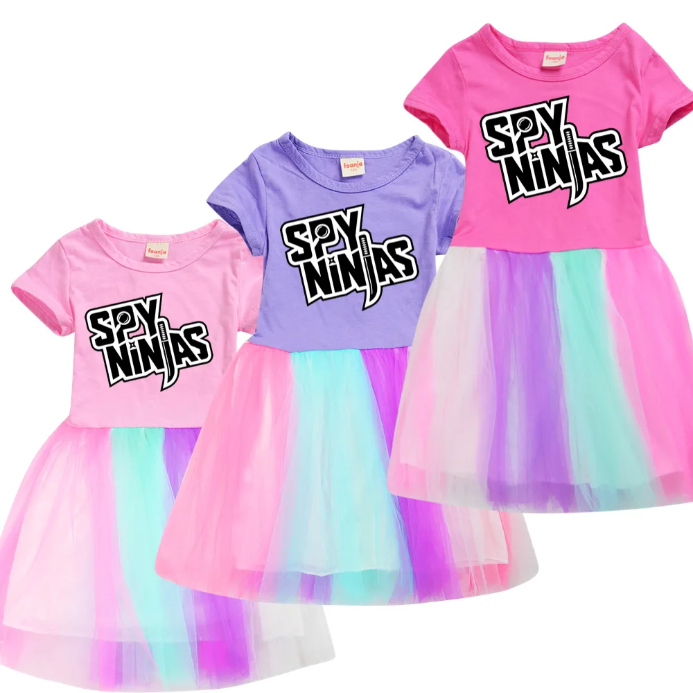Spy Ninja Kids Rainbow Lace Girls Dress Cotton Cartoon Rainbow Print Adolescente Summer Princess Dress Suit Cute Little Student