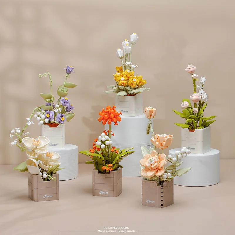 Idea Plant Mini Block Flower Building Brick Rose Lily Lotus Hyacinth Girasole Garofano Bonsai Vaso Giocattoli Per Ragazze Regali