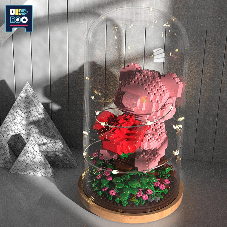 Micro Architettura Tree House Rose Bear Building Blocks Light Mini Display Box Moc City Construction Bricks Set Toy For Children