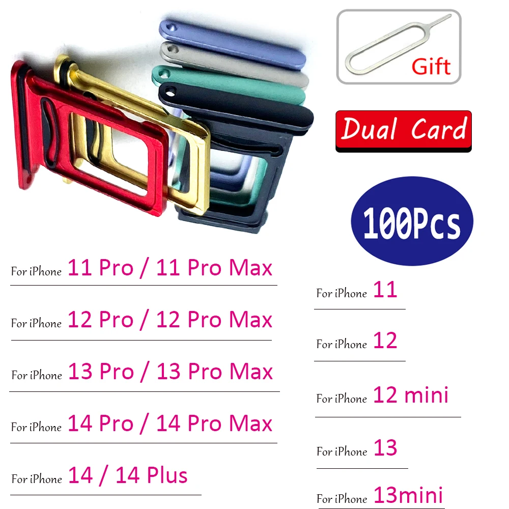 100 Pz, Originale Dual Card Sim Card Chip Slot Cassetto Sd Card Vassoio Adattatore Per Iphone 12 13 Mini 11 Pro Max 14 Plus