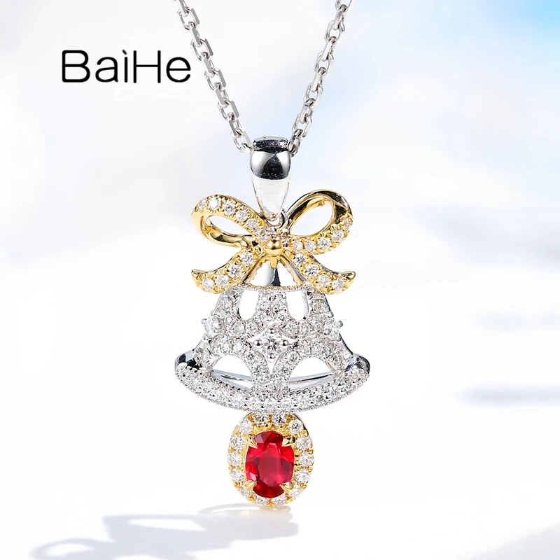 Baihe Solid 18K White + Yellow Gold Natural Ruby Diamond Bell Pendant Women Christmas Gift Fine Jewelry Making Colgante Campana