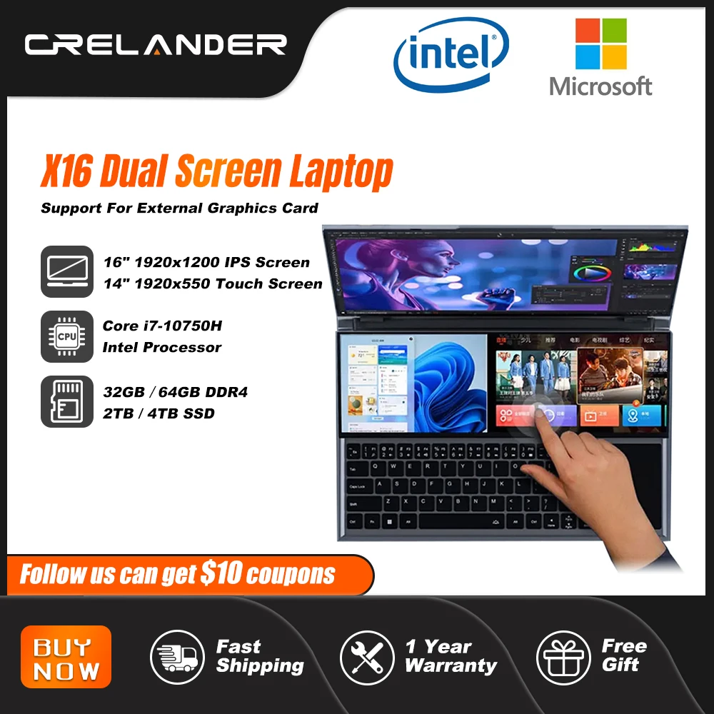Computer Portatili Da Gioco A Doppio Schermo Crelander Schermo Lcd Da 16 Pollici 2.5K + Touch Screen Da 14 Pollici Computer Notebook Intel Core I7-107