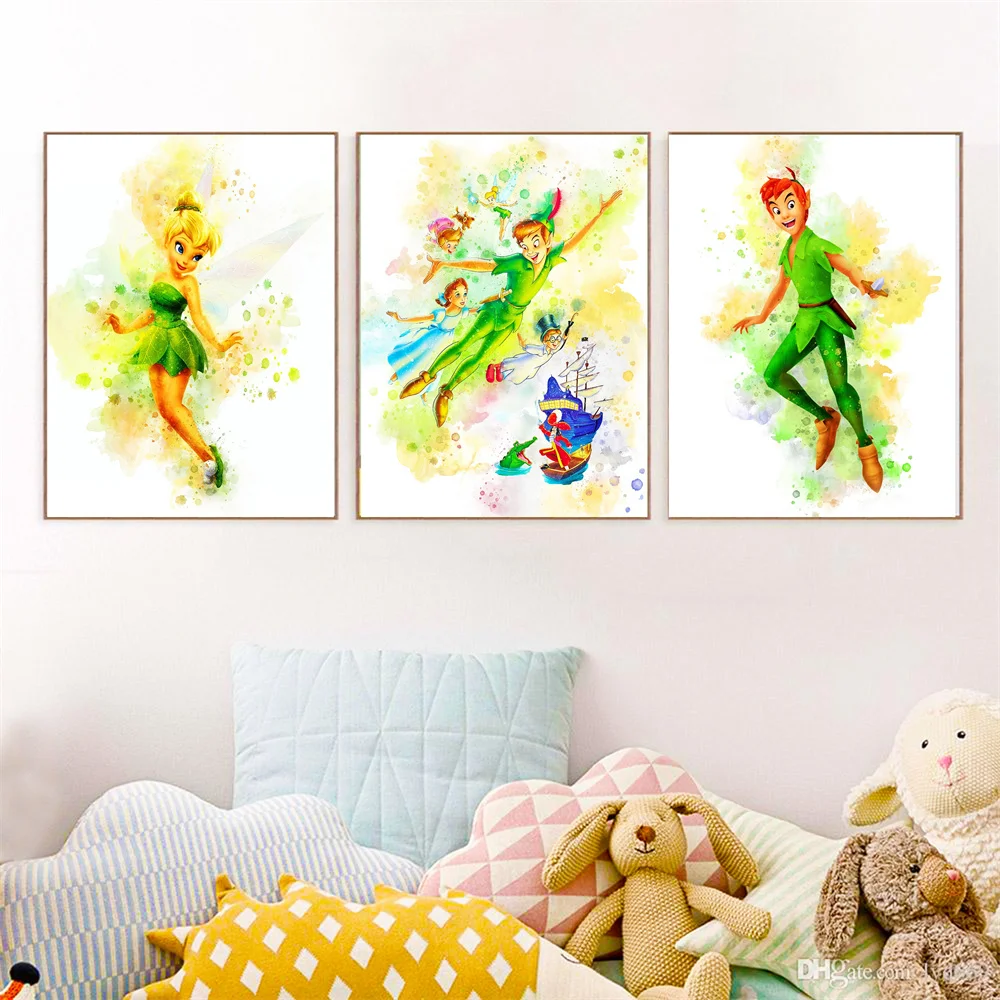Peter Pan Poster Disney Print Acquerello Art Disney Peter Pan Tinkerbell Stampe Nursery Wall Decor Canvas Painting For Home