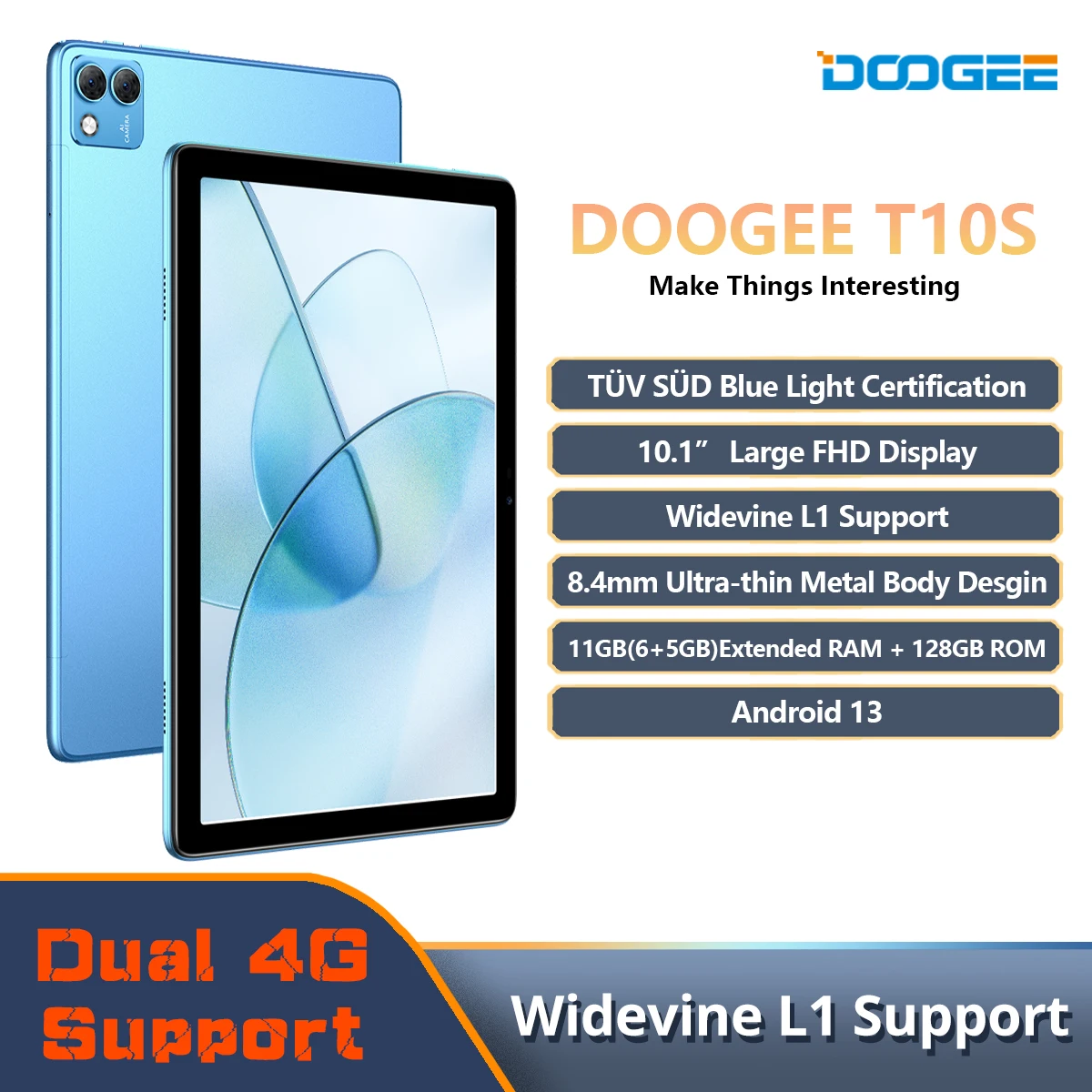 Tablet Doogee T10S 10.1 "Fhd Tfuv Rheinland Display Certificato Widevine L1 Supporto 6Gb + 128Gb Android 13 6600Mah