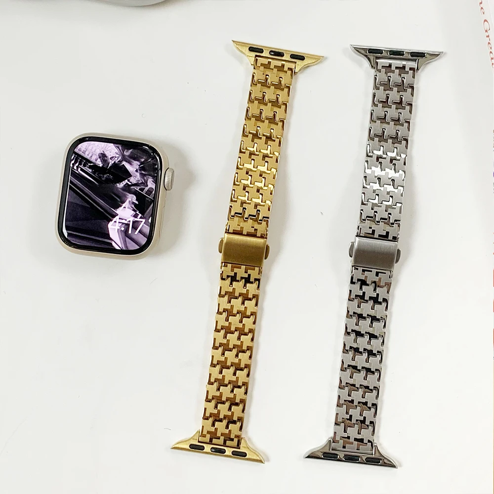 Women Gold Wristband For Apple Watch Band 8 Ultra 49Mm 7 Se 6 5 4 3 41Mm 45Mm 38/42Mm 44 40Mm Strap Lady Metal Leather Bracelet