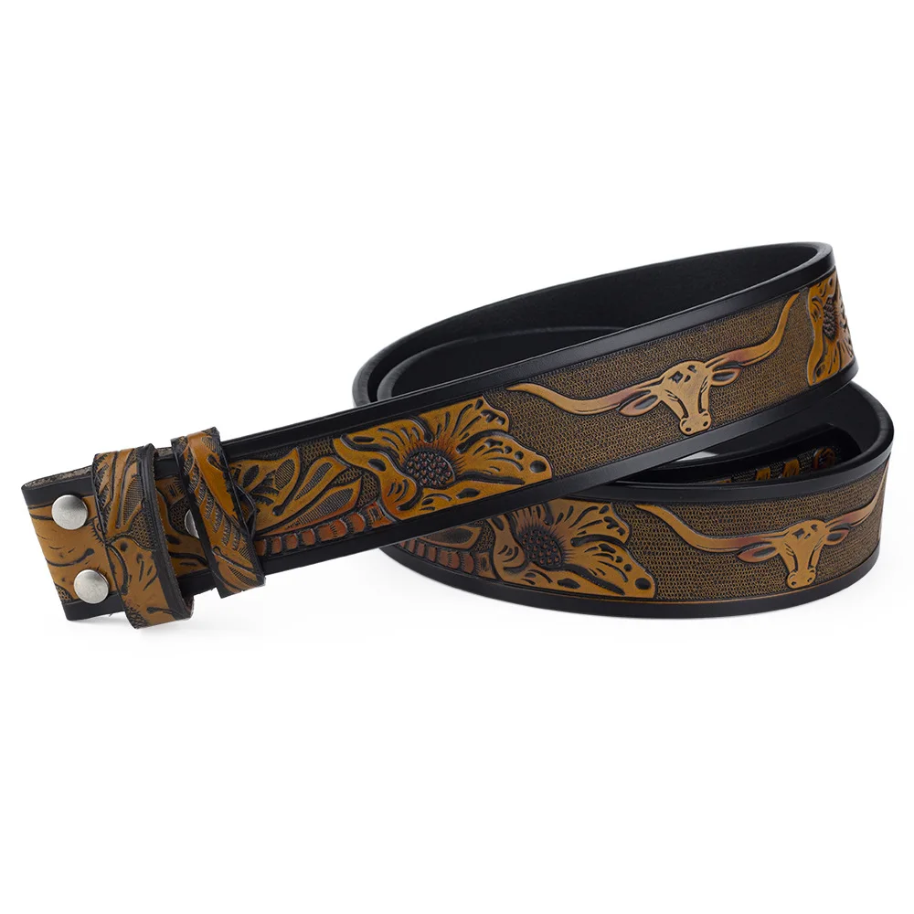 Cintura In Vera Pelle Per Uomo Senza Fibbia 3.8Cm Di Larghezza Cowskin Tang Grass Cow Eagle Pattern Cintura Da Cowboy Occidentale