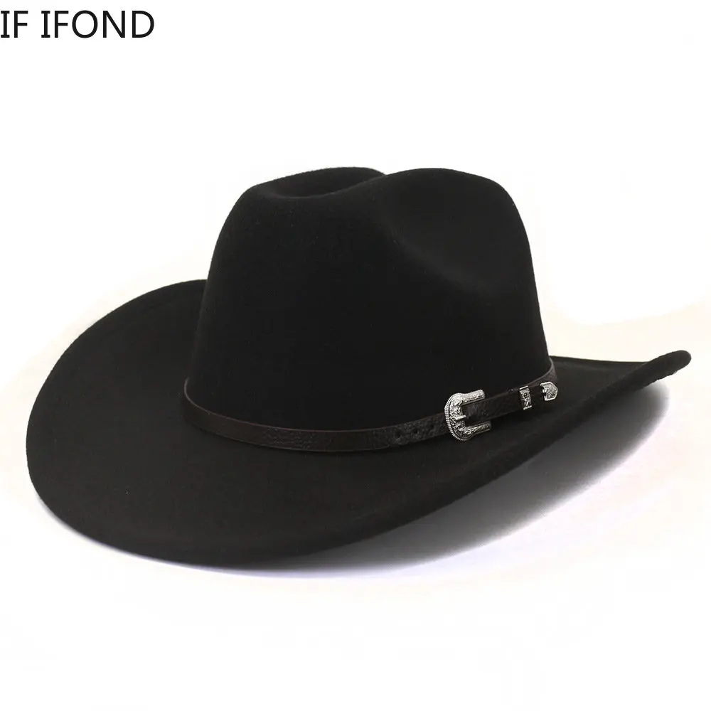 New Vintage Men Western Cowboy Hat Con Cintura Inverno Autunno Roll Up Brim Cowgirl Jazz Church Cap Sombrero Hombre