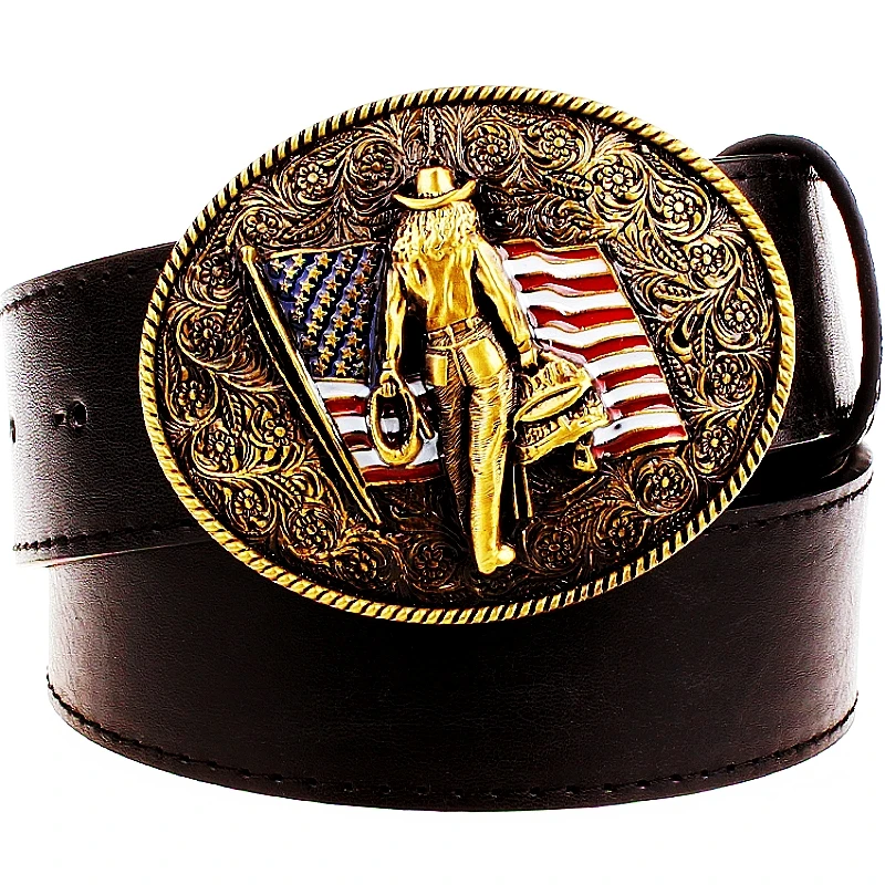 Bandiera Americana Wild Western Cowboy Belt Fashion Men Pu Leather Metal Copper Buckle Wrangler Wilderness Rider Cintura Decorativa